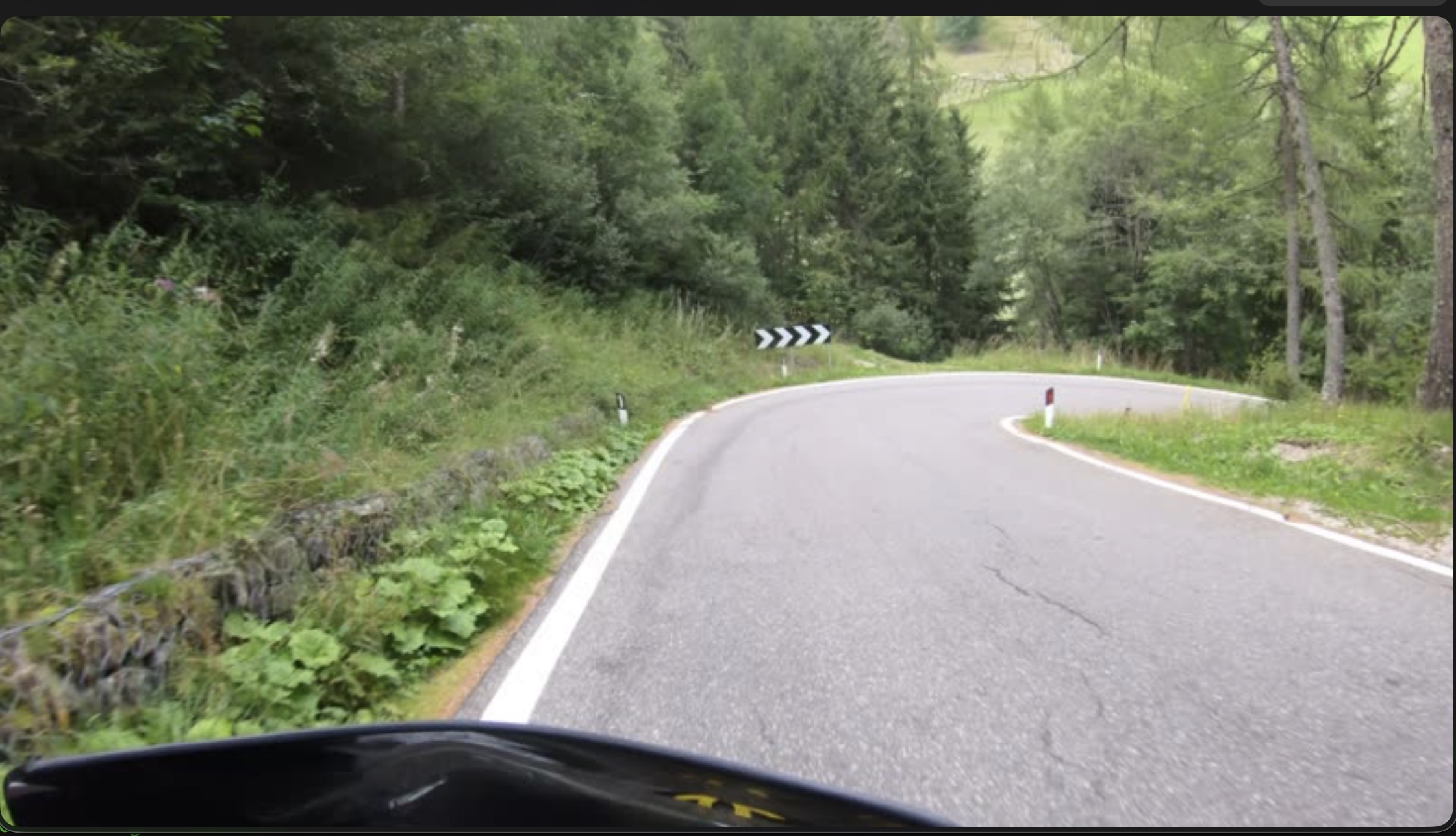 GoPro-Aufnahme einer Rechtskurve auf einer Waldstraße in den Alpen