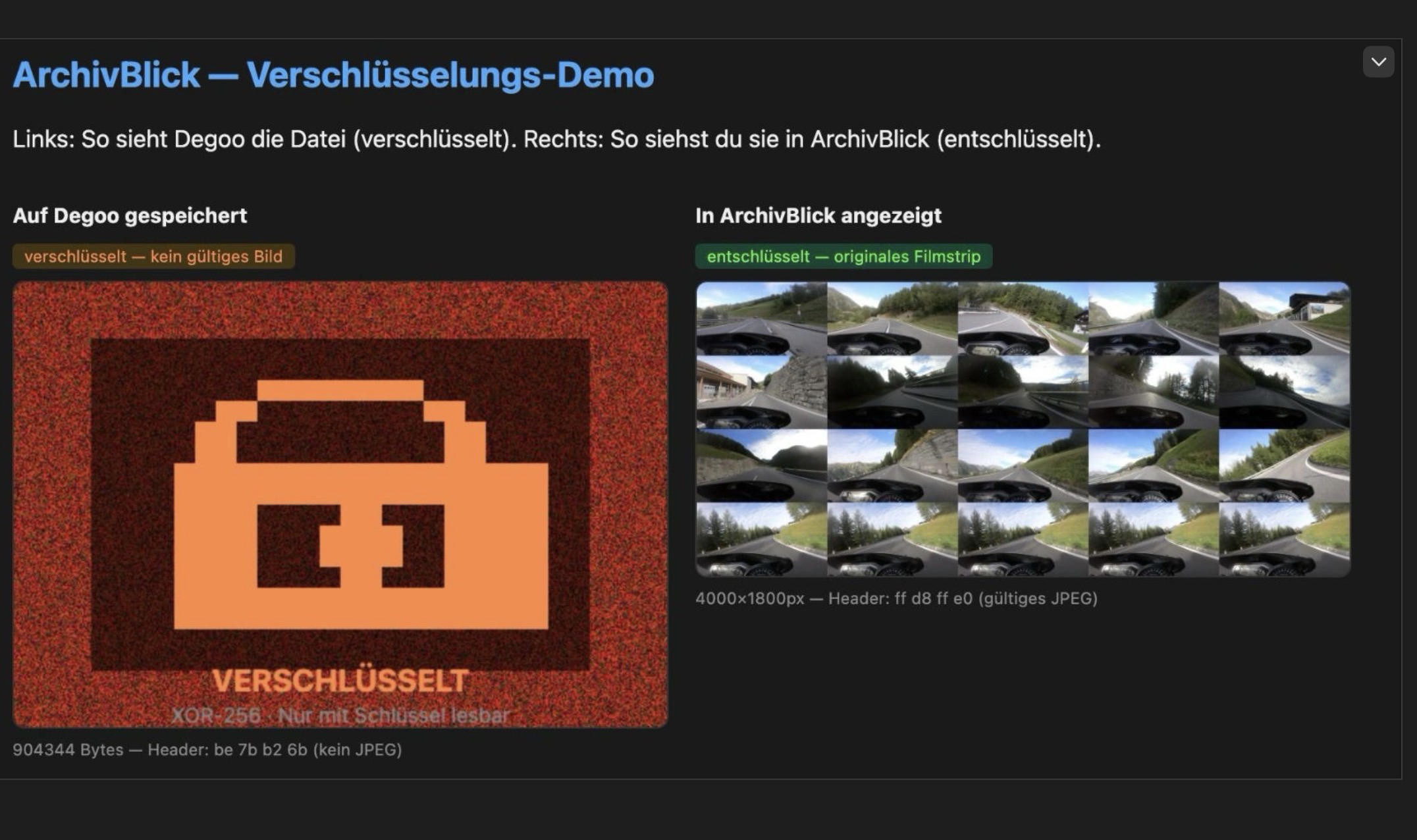 ArchivBlick Verschlüsselungs-Demo: Links die verschlüsselte Datei auf Degoo (rotes Rauschen mit Schloss-Icon), rechts der entschlüsselte Filmstrip in ArchivBlick (Motorrad-Straßenbilder)